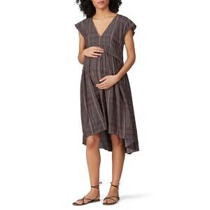 Hatch Paulina Dress Brown Pink Empire Waist Cap Sleeve Shift Maternity SZ M
